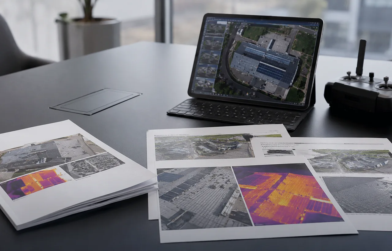 Report tecnico drone con mappe e immagini ordinate